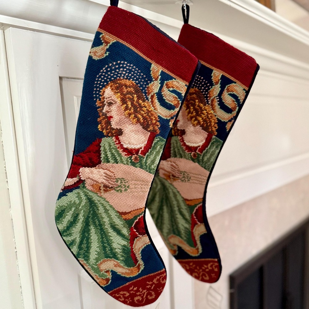 Heirloom Needlepoint Christmas Stocking Set Of 2 Angel 19" Velvet Backing